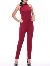 Hot X-Back Band Collar Solid Slim-Leg Jumpsuit