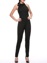 Hot X-Back Band Collar Solid Slim-Leg Jumpsuit