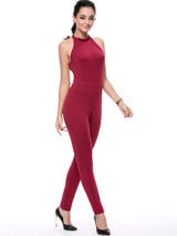 Hot X-Back Band Collar Solid Slim-Leg Jumpsuit