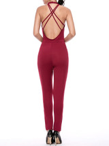 Hot X-Back Band Collar Solid Slim-Leg Jumpsuit