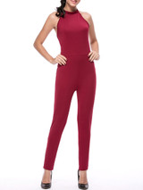 Hot X-Back Band Collar Solid Slim-Leg Jumpsuit