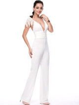 Casual Designed Deep V-Neck Decorative Lace Solid Straight Jumpsuit