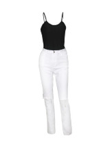 Casual Spaghetti Strap Plain Camisole And Ripped Slim-Leg Jean