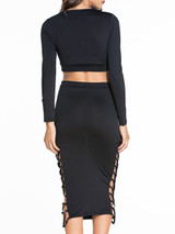 Casual Deep V-Neck Lace-Up Hollow Out Plain Crop Top And Pencil Skirt