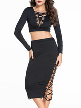 Casual Deep V-Neck Lace-Up Hollow Out Plain Crop Top And Pencil Skirt