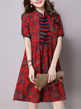 Casual Band Collar Contrast Trim Printed Shift Dress