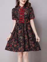 Casual Band Collar Contrast Trim Printed Shift Dress