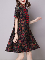 Casual Band Collar Contrast Trim Printed Shift Dress