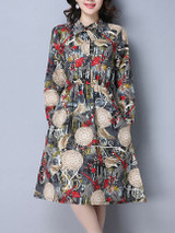Casual Tie Collar Printed Skater Dress