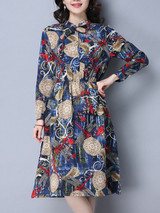 Casual Tie Collar Printed Skater Dress