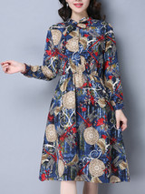 Casual Tie Collar Printed Skater Dress