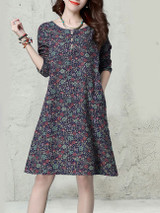 Casual Designed Printed Round Neck Pocket Shift Dress