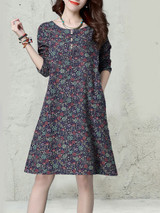 Casual Designed Printed Round Neck Pocket Shift Dress