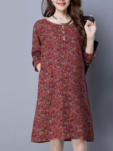 Casual Designed Printed Round Neck Pocket Shift Dress