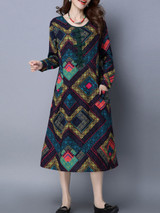 Casual Geometric Color Block Cotton Long Shift Dress