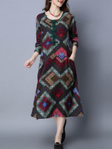 Casual Geometric Color Block Cotton Long Shift Dress