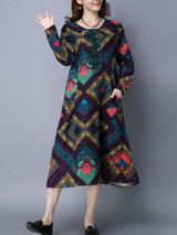Casual Geometric Color Block Cotton Long Shift Dress