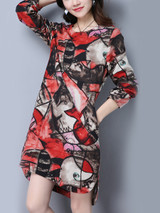 Casual Round Neck Slit Pocket Printed High-Low Shift Dress
