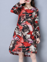 Casual Round Neck Slit Pocket Printed High-Low Shift Dress