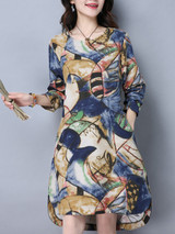 Casual Round Neck Slit Pocket Printed High-Low Shift Dress