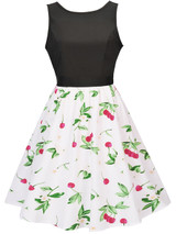 Casual Round Neck Cherry Printed Sleeveless Skater Dress
