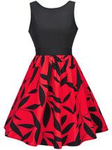Casual Round Neck Bowknot Leaf Printed Sleeveless Skater Dress