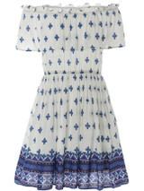 Casual Open Shoulder Elastic Waist Flounce Printed Skater Dress