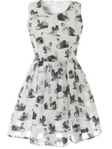 Casual Round Neck Allover Swan Printed Skater Dress