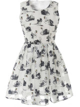 Casual Round Neck Allover Swan Printed Skater Dress