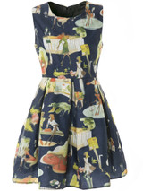 Casual Round Neck Cartoon Graffiti Skater Dress