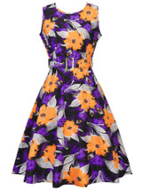 Casual Colorful Round Neck Belt Floral Printed Skater Dress