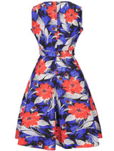 Casual Colorful Round Neck Belt Floral Printed Skater Dress