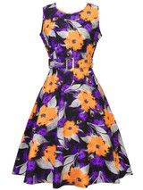 Casual Colorful Round Neck Belt Floral Printed Skater Dress