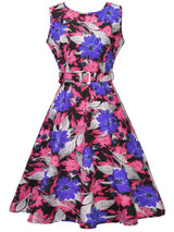 Casual Colorful Round Neck Belt Floral Printed Skater Dress