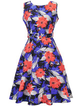Casual Colorful Round Neck Belt Floral Printed Skater Dress