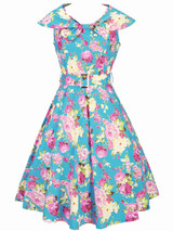 Casual Retro Lapel Belt Skater Dress In Floral Printed