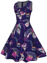 Sweet Heart Pleated Bodice Mask Printed Skater Dress
