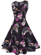 Sweet Heart Pleated Bodice Mask Printed Skater Dress