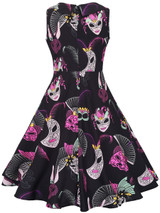 Sweet Heart Pleated Bodice Mask Printed Skater Dress