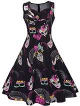 Sweet Heart Pleated Bodice Mask Printed Skater Dress