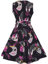 Casual Round Neck Belt Dramatic Mask Printed Skater Dress