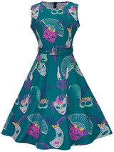 Casual Round Neck Belt Dramatic Mask Printed Skater Dress