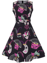 Casual Round Neck Belt Dramatic Mask Printed Skater Dress