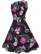 Casual Round Neck Belt Dramatic Mask Printed Skater Dress