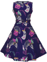 Casual Round Neck Belt Dramatic Mask Printed Skater Dress