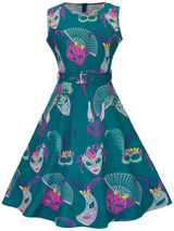 Casual Round Neck Belt Dramatic Mask Printed Skater Dress