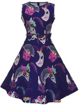 Casual Round Neck Belt Dramatic Mask Printed Skater Dress