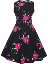 Casual Round Neck Belt Vintage Floral Printed Skater Dress