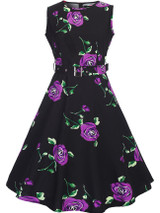 Casual Round Neck Belt Vintage Floral Printed Skater Dress