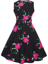 Casual Round Neck Belt Vintage Floral Printed Skater Dress